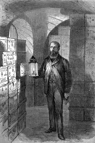 Bank note store in the vaults of the Bank of England c1870
