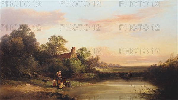 English landscape with cottage and stream