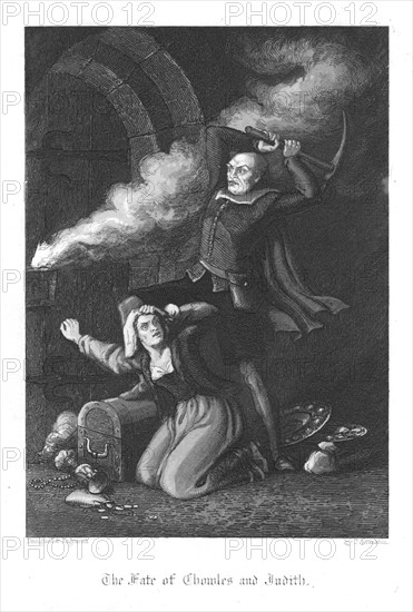 Chowles the coffin maker and Judith Malmayns the plague nurse, dying with their stolen treasure as they are overcome by smoke and molten lead from the burning Old Saint Paul's