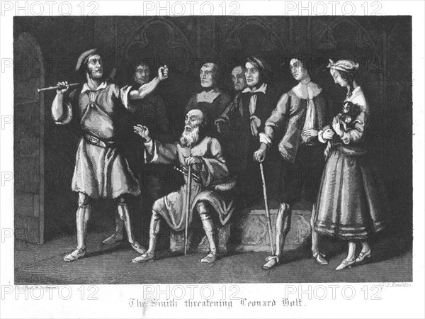 The smith threatening Leonard Holt because he will not obey the Lord Mayor's instructions that all dogs must be killed to prevent the spread of the Plague, and protects Bell the dog of Mike Macascree the blind piper