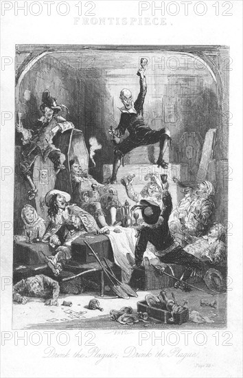 Song of the Plague: Chowles the coffin maker, top centre, drinking a toast to a long life for the plague so that he will become rich