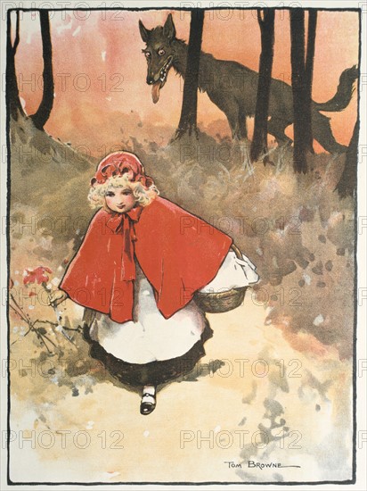 Little Red Riding Hood on her way to her grandmother's observed by a sinister, leering wolf. Illustration by Tom Browne (1872-1910) for the fairy tale. Published 1900