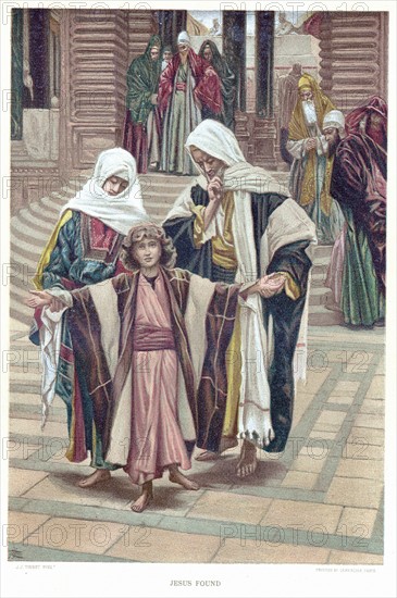 Mary and Joseph finding the young Jesus in the Temple where he had been sitting with the Doctors