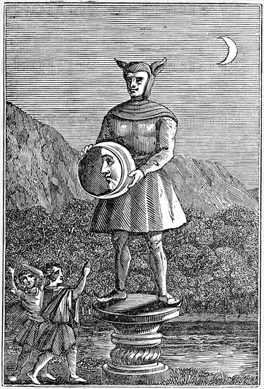 Saxon idol of the Moon shown holding a disc which displays the phases of the Moon