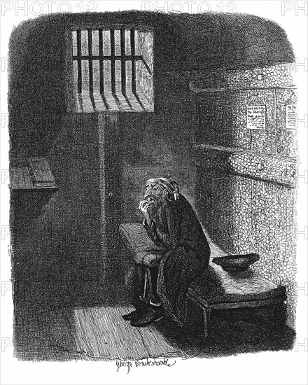 Fagin in the condemned cell in Newgate prison awaiting his execution