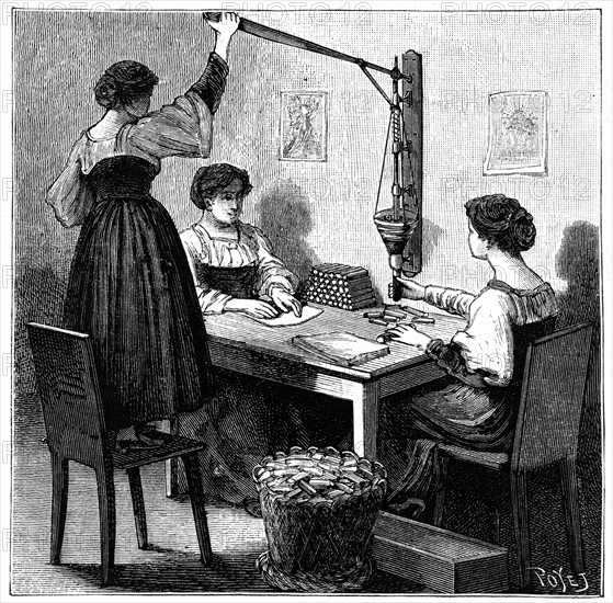 Women packing dynamite cartridges, 1888