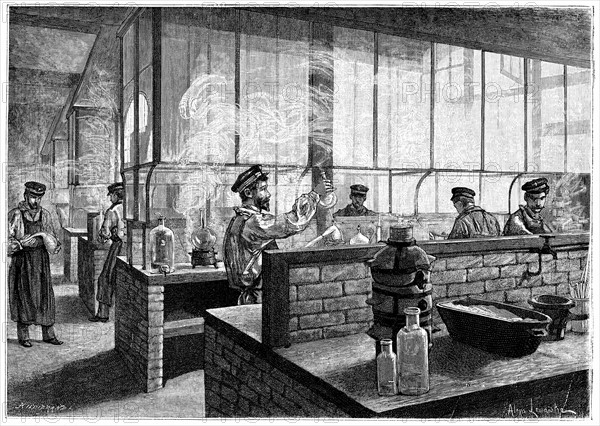 First year students at L'Ecole Centrale des Arts et Manufactures, Paris, doing practical work in the laboratory. Wood engraving, Paris, 1887