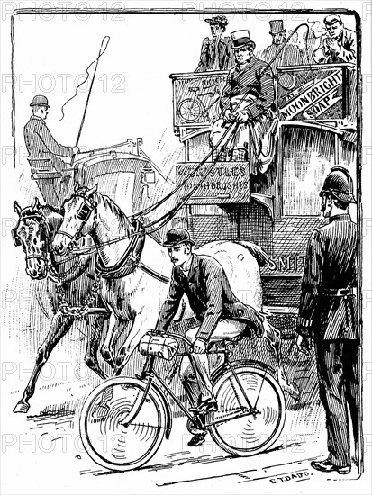 Horse darawn tram and cyclist