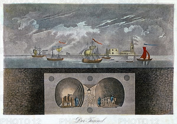 Cross-section showing position of Thames and a double arched masonry tunnel