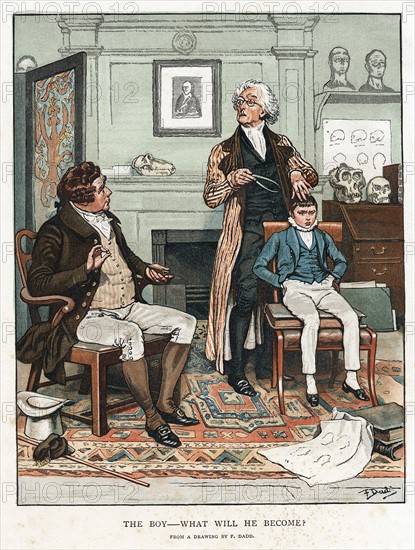 Phrenology: measuring bumps on boy's head to assess his future