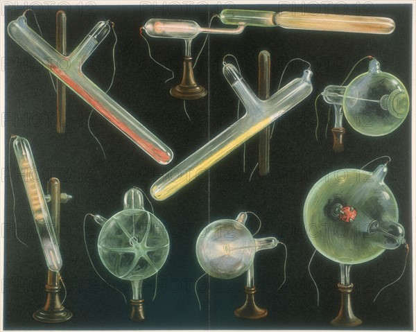 Various substances fluorescing in vacuum tubes of different shapes