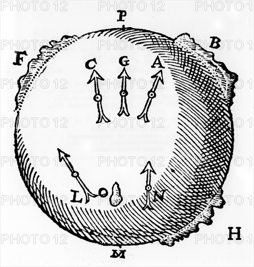 Gilbert's experiment to demonstrate that two pieces of iron wire, A,B, placed near the pole, C, of a magnet, will have the same magnetism induced in them and so repel one another