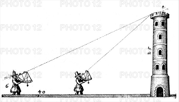 Surveyors using quadrants fitted with plumb bobs