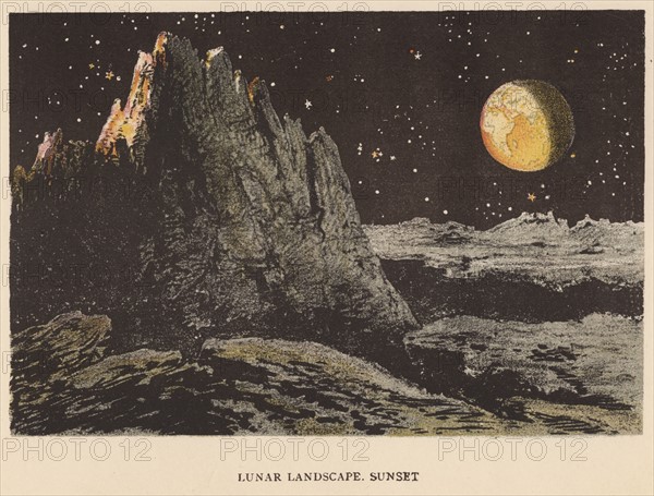 Artist's impression of lunar landscape at sunset