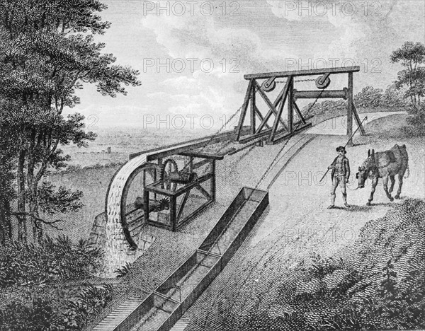 Inclined plane powered by water wheel in use on a canal