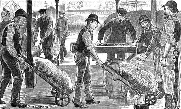 Dockers unloading sugar at West India Docks, London
