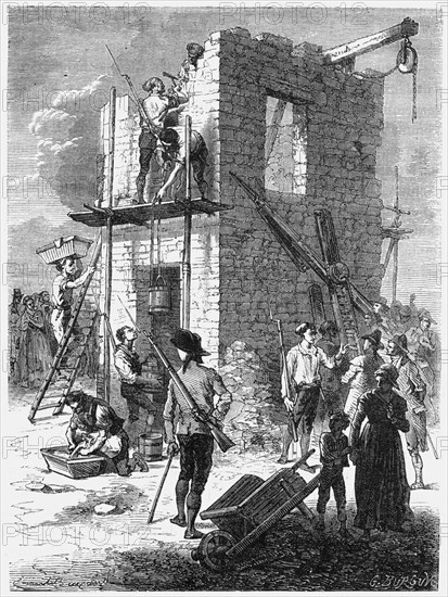 Workmen building a telegraph station