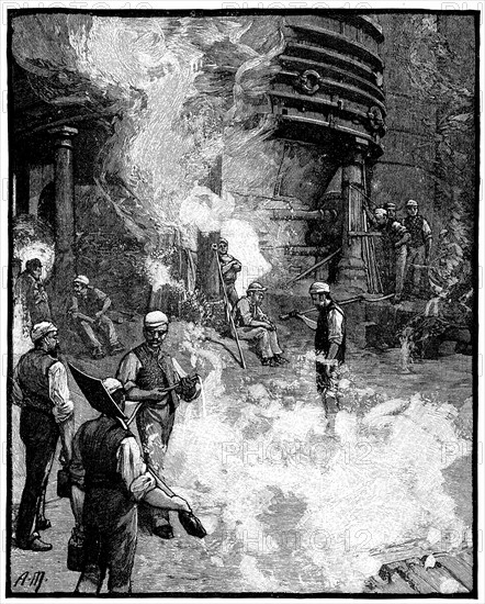 Tapping blast furnace and casting iron into 'pigs, Siemens Iron and Steel Works, Landore, South Wales