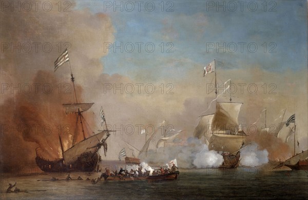 “Pirates attack an English naval vessel”, 18th century