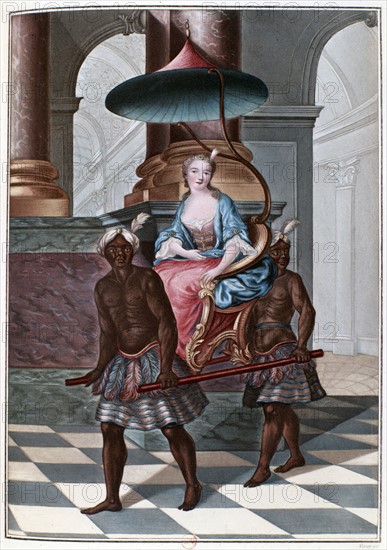 Woman being carried on a sedan chair by two servants