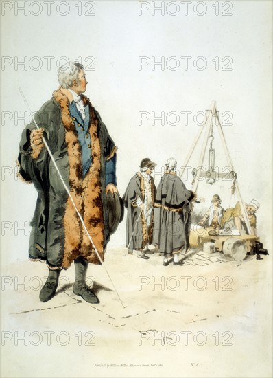 Member of a London Wardmote Inquest in official dress. These bodies checked weights and measures for accuracey. From William Henry Pyne "Costume of Great Britain", London, 1808. Colour