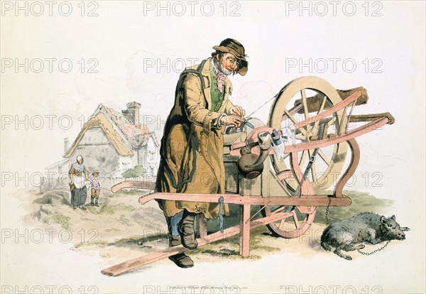 Itinerant knife grinder using treadle to turn his grindstone