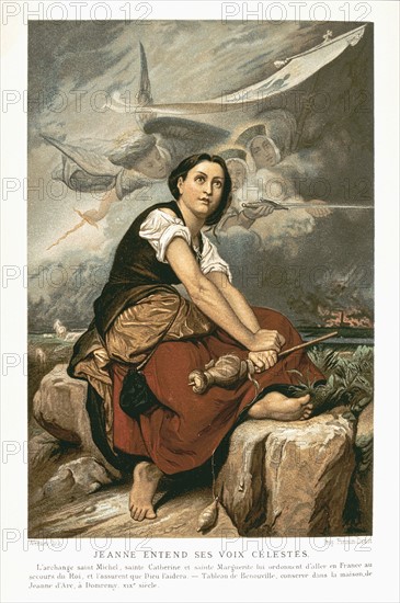 Joan of Arc (c1412-31) St Jeanne d'Arc, the Maid of Orleans, French patriot and martyr: Joan minding the flocks and spinning, hearing voices of Archangel Michael, St Catherine and St Margaret ordering her to go to the help of France. From painting (c1859)