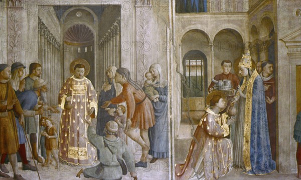 Fra Angelico (Guido di Pietro/Giovanni da Fiesole c1400-55) Italian painter. Sixtus II gives church Treasure to St Lawrence (left) St Lawrence distributes alms to the Poor. Fresco, Chapel of Nicholas V, Vatican Palace