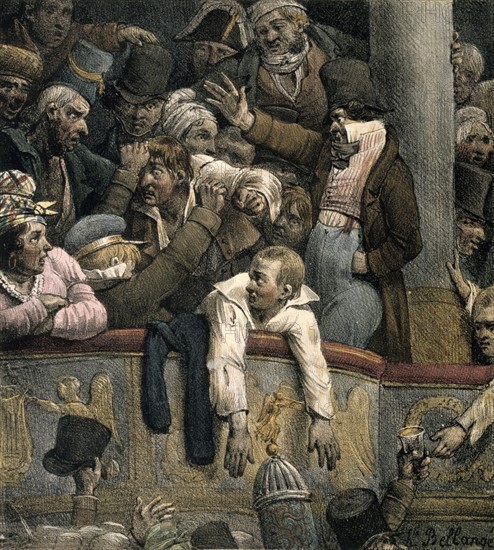 Colour caricature 19th century depicting theatergoers
