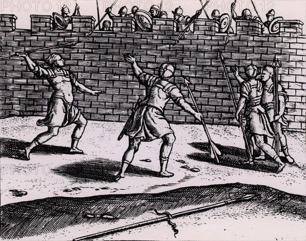 Roman spearmen attacking the walls of a besieged fortress