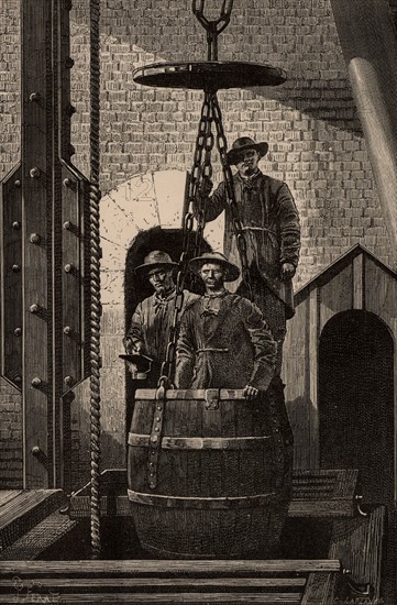 Engineers descending the Creuzot coal mine shaft, 1869