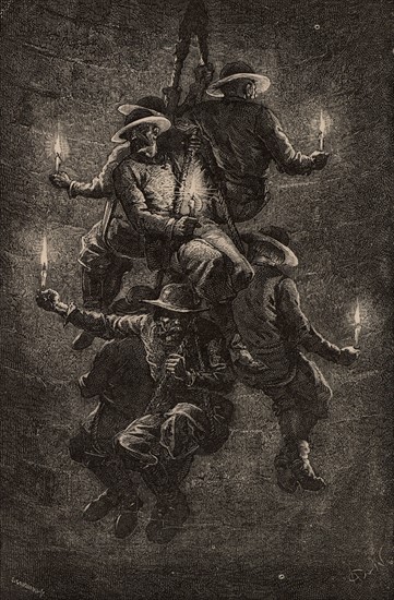 Polish miners at Wielleczka salt mine descending the shaft, 1869