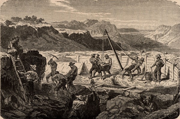 Using a 'long tom' to wash for gold in the Californian gold fields, 1869