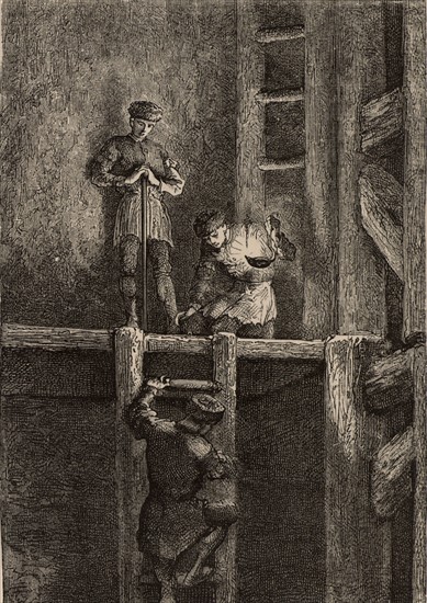 Miners in the Harz mines, Germany, descending the ladder shaft by the light of an oil lamp