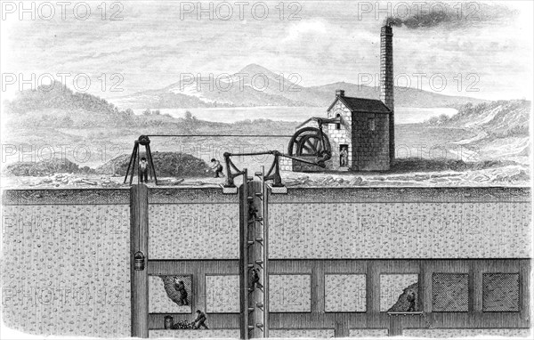 Cross-section of a metalliferous mine in the Devon and Cornwall area of England, showing the engine house containing the steam engine  which powered