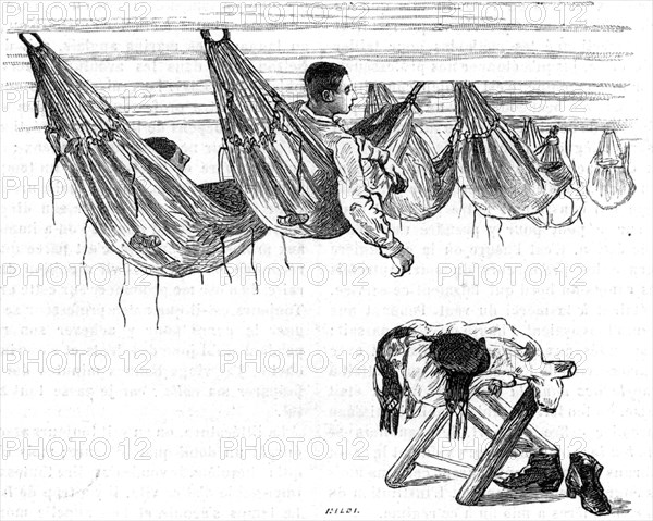 Cadets at the Ecole Navale, the French Naval Academy in their hammocks in which they slept