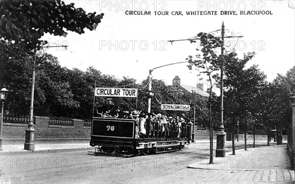 Tramcar at Blackpool, Lancashire, England, taking holidaymakers on a circular tour of the town