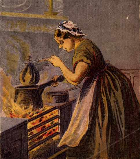 Cook putting a suet pudding wrapped in a cloth in a saucepan of hot water to boil on a typical small kitchen range