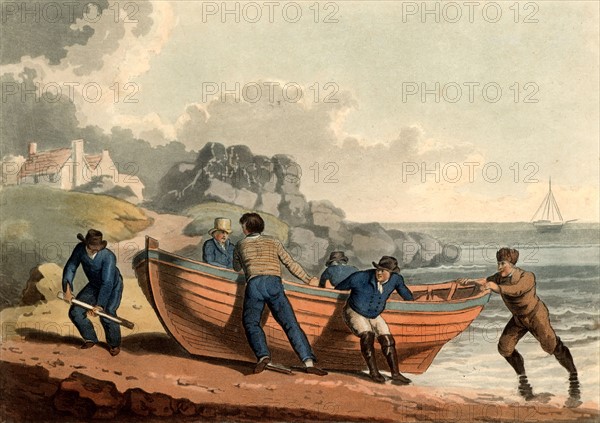 Hauling a clinker-built rowing boat on shore