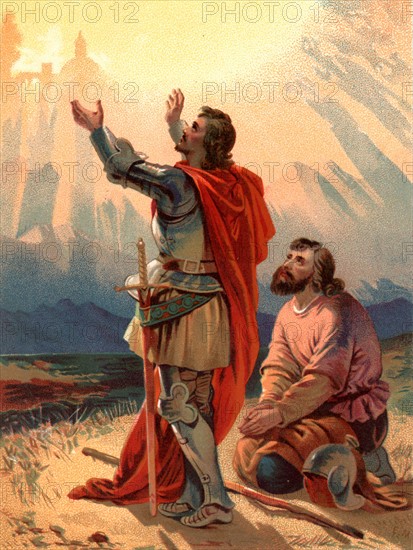 Christian, the pilgrim of the title, kneels in wonderment as he and his companion arrive within sight of the Holy City