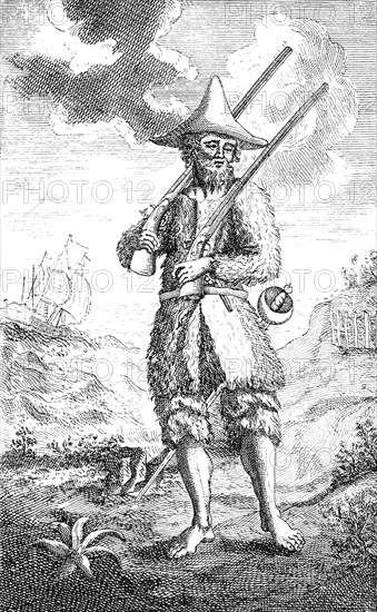 Robinson Crusoe, barefoot and dressed in goatskins, pictured on the island where he spent many years after his shipwreck