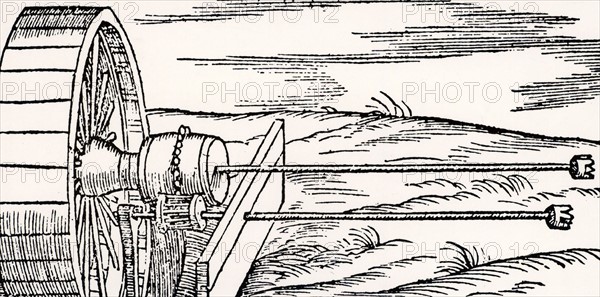 Shafts of a cannon boring machine with drilling bits on the end