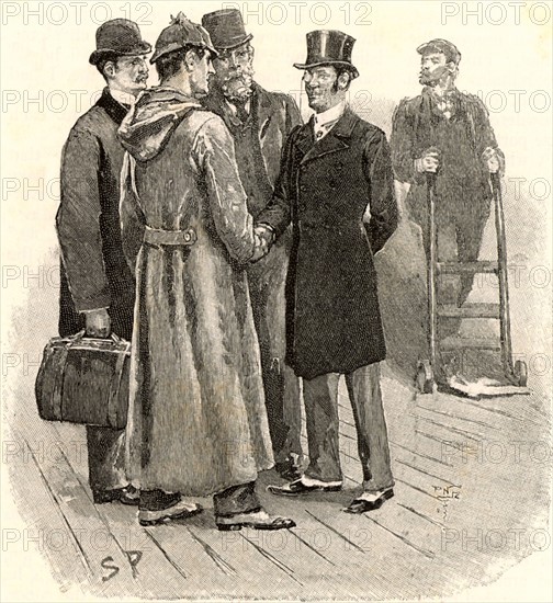 The Adventure of Silver Blaze'. Dr Watson, left, and Sherlock Holmes being greeted at Tavistock railway station by Inspector Gregory and Colonel Ross, right, owner of the missing racehorse Silver Blaze.   From "The Adventures of Sherlock Holmes" by Conan Doyle from "The Strand Magazine" (London, 1892). Illustration by Sidney E Paget, the first artist to draw Sherlock Holmes.  Engraving.