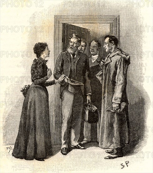 The Adventure of Silver Blaze'. Mrs Straker, widow of the murdered trainer, asking Sherlock Holmes, right, and Inspector Gregory, with beard, if they have found her husband's killer.  From "The Adventures of Sherlock Holmes" by Conan Doyle from "The Strand Magazine" (London, 1892). Illustration by Sidney E Paget, the first artist to draw Sherlock Holmes.  Engraving.