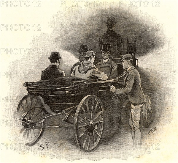Holmes questioning a stable lade, and finding that a number of sheep in the paddock had gone lame, a piece of information that leads him to the murderer of Straker the trainer.  From "The Adventures of Sherlock Holmes" by Conan Doyle from "The Strand Magazine" (London, 1892). Illustration by Sidney E Paget, the first artist to draw Sherlock Holmes.  Engraving.