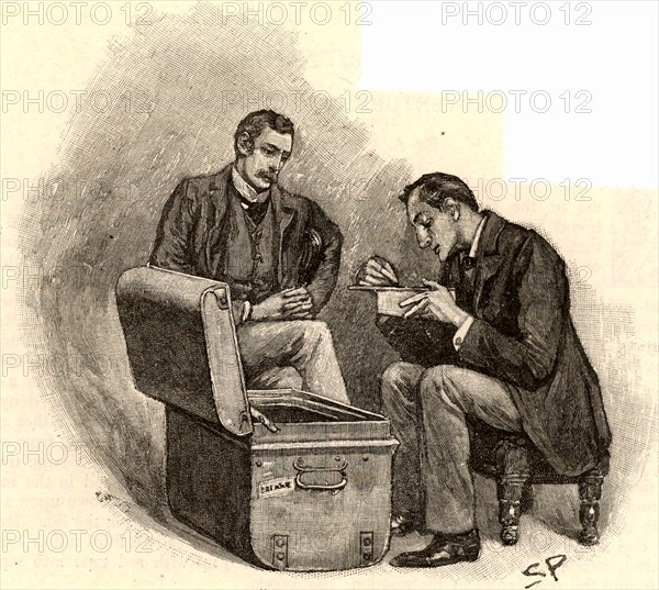 The Adventure of the Musgrave Ritual'.  Dr Watson watching Sherlock Holmes going through mementoes of his old cases. From "The Adventures of Sherlock Holmes" by Conan Doyle from "The Strand Magazine" (London, 1893). Illustration by Sidney E Paget, the first artist to draw Sherlock Holmes.  Engraving.