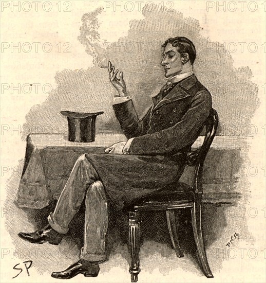 The Adventure of the Musgrave Ritual'. Reginald Musgrave, a college friend of Holmes, asking for help in clearing up the mystery of the disappearance of his butler. From "The Adventures of Sherlock Holmes" by Conan Doyle from "The Strand Magazine" (London, 1893). Illustration by Sidney E Paget, the first artist to draw Sherlock Holmes.  Engraving. British Literature English Detective Fiction