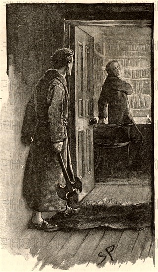 The Adventure of the Musgrave Ritual'. Reginald Musgrave, seeing a light under the Library door in the middle of the night, is surprised to discover Brunton, his butler, not the burglar he expected. From "The Adventures of Sherlock Holmes" by Conan Doyle from "The Strand Magazine" (London, 1893). Illustration by Sidney E Paget, the first artist to draw Sherlock Holmes.  Engraving.
