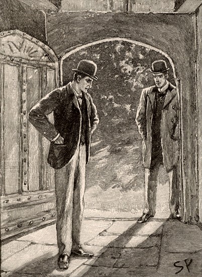 The Adventure of the Musgrave Ritual'. Holmes, left, and Watson arriving at the spot that answering all the questions left for each Musgrave heir has led them. From "The Adventures of Sherlock Holmes" by Conan Doyle from "The Strand Magazine" (London, 1893). Illustration by Sidney E Paget, the first artist to draw Sherlock Holmes.  Engraving.