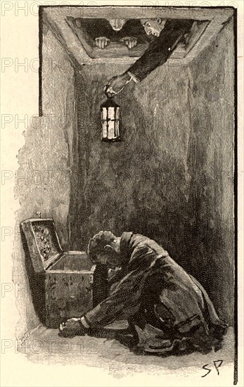 The Adventure of the Musgrave Ritual'.  Brunton, the butler, having worked out the answers to the questions left for each Musgrave heir, and having found the Royalist treasure, is entombed and left to die by the girl he jilted. Holmes and Watson find his body slumped over the treasure chest. From "The Adventures of Sherlock Holmes" by Conan Doyle from "The Strand Magazine" (London, 1893). Illustration by Sidney E Paget, the first artist to draw Sherlock Holmes.  Engraving.